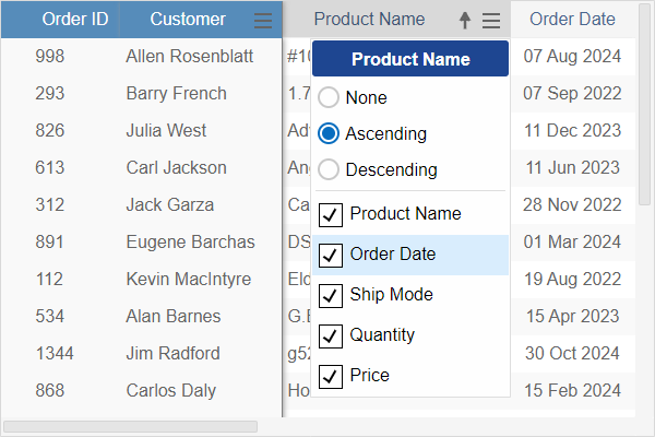 Column with DropDown Menu in IntegralUI Grid for Blazor .NET